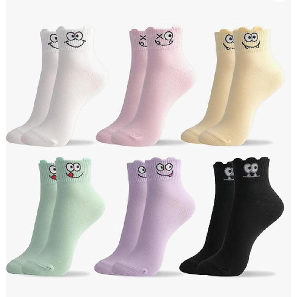 Women Cute Ankle Socks | 6 Pairs Smiley Face Heart Character Design Ruffle Dots Print Fruits Mid Cut Cotton Socks US 6~8