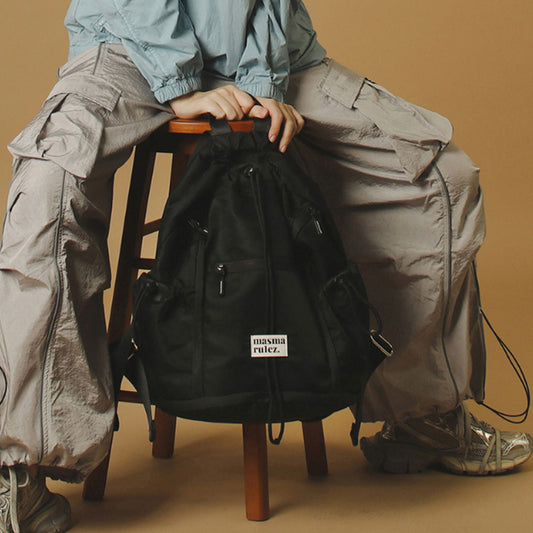 Masmarulez Zipper String Backpack – Water-Resistant Nylon Backpack for Women & Men, Fits 15" Laptop, Lightweight Daily Travel Bag with Drawstring Closure (Black)