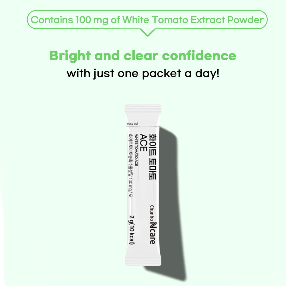 Chunho Ncare | Korean White Tomato ACE - White Tomato Extract, Vitamin A, C, E & Zinc | With Hydrolyzed Collagen, Hyaluronic Acid, & Elastin | 1 Pack Per Day | 30 Sticks