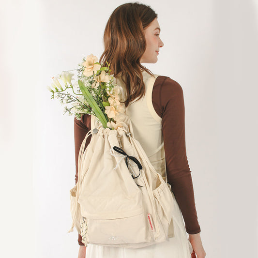 Masmarulez Mixed Easy Draw Backpack – Lightweight Water-Resistant Nylon Gym Sack with Detachable Pocket & Laptop Strap – Unisex Casual Daypack for Daily, Travel, and Sport (Pure cream)