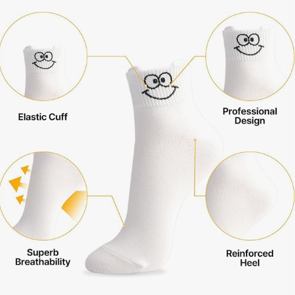 Women Cute Ankle Socks | 6 Pairs Smiley Face Heart Character Design Ruffle Dots Print Fruits Mid Cut Cotton Socks US 6~8