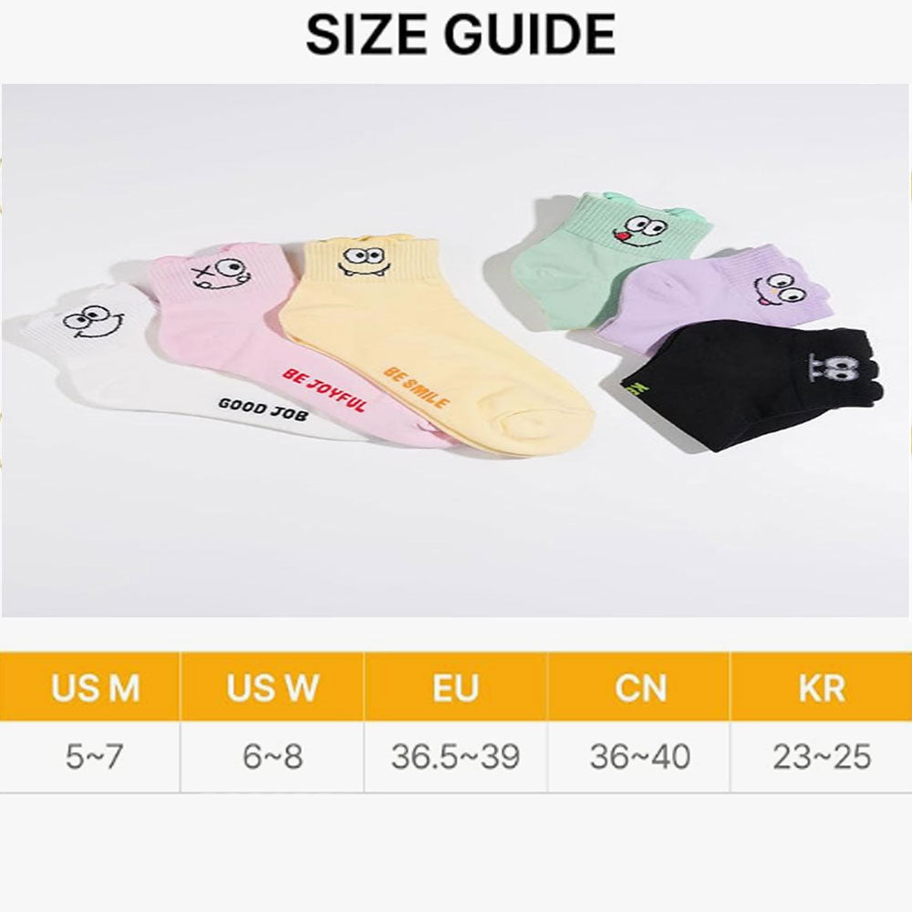 Women Cute Ankle Socks | 6 Pairs Smiley Face Heart Character Design Ruffle Dots Print Fruits Mid Cut Cotton Socks US 6~8