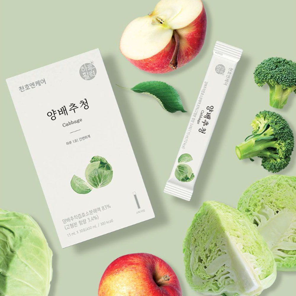 Chunho Ncare Korean Cabbage Juice Concentrate, 100% Pesticide-Free Korean Cabbage, No Water Added, NFC Cold Pressed, Easy-Cut Liquid Stick Pouch, HACCP Certified (15ml × 30sticks)