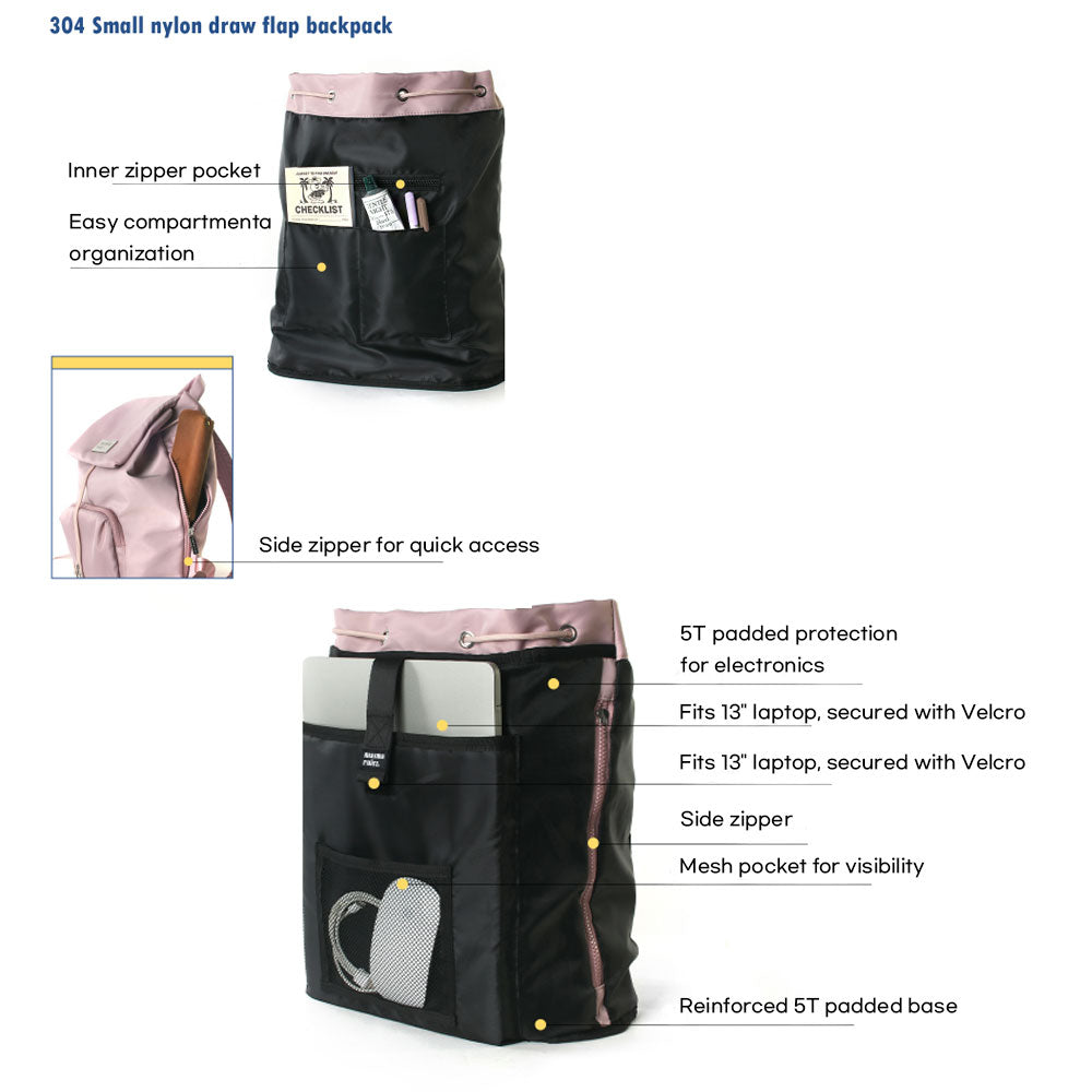 Masmarulez 304 Small Draw Flap Backpack – Compact Nylon Laptop Bag for Women, Water-Resistant, Lightweight, Side Zipper, Fits 13” MacBook – Stylish Daily Backpack for Work & Casual Use (Pink)