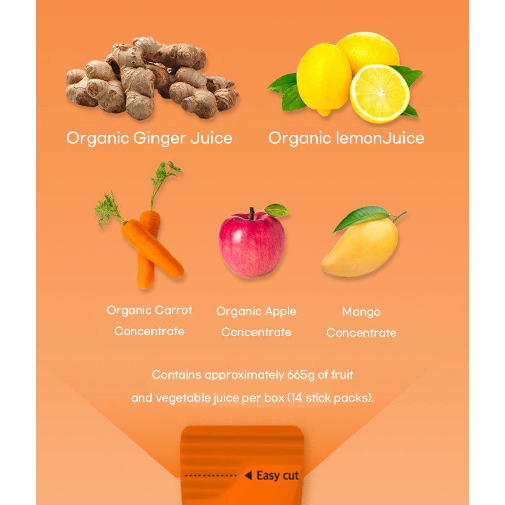 Chunho Ncare | Pure Organic Ginger Shot – Cold-Pressed USDA Organic Juice with Lemon, Ginger, Carrot & Apple – No Additives, Convenient Stick Packs – 20g x 15