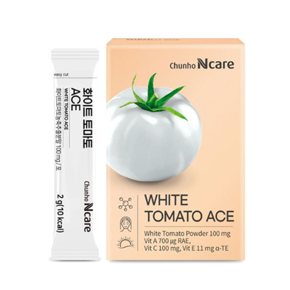 Chunho Ncare | Korean White Tomato ACE - White Tomato Extract, Vitamin A, C, E & Zinc | With Hydrolyzed Collagen, Hyaluronic Acid, & Elastin | 1 Pack Per Day | 30 Sticks
