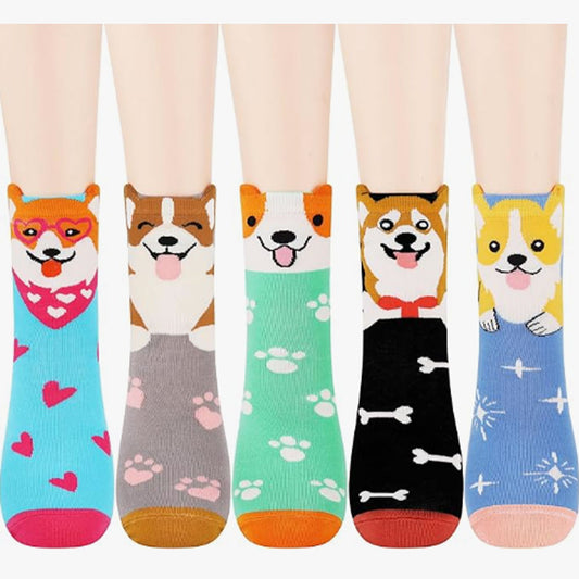 Women's Dog Socks Cat Gifts Cute Animal Socks Gifts for Women Corgi 5Pairs