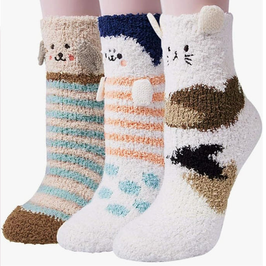 3 Pairs Womens Fuzzy Socks Fluffy Soft Slipper Home Sleeping Cute Animal Socks