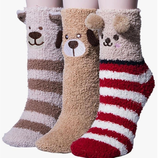 3 Pairs Womens Fuzzy Socks Fluffy Soft Slipper Home Sleeping Cute Animal Socks