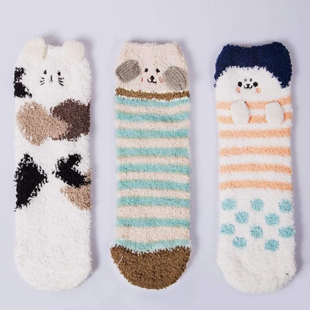 3 Pairs Womens Fuzzy Socks Fluffy Soft Slipper Home Sleeping Cute Animal Socks