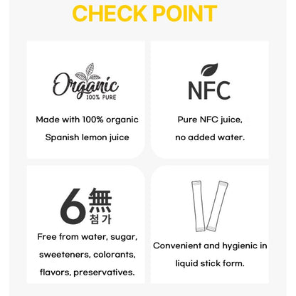 Chunho Ncare Korean Lemon Juice Concentrate, Organically Grown Spanish Lemons, NFC Cold Pressed, No Sugar Added, No Additives, Convenient Stick Pouch (20gx15sticks)