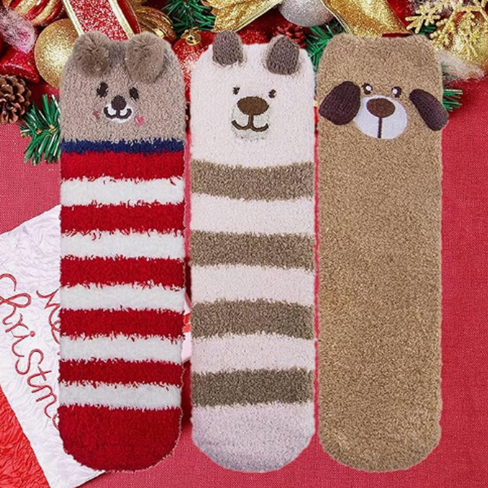 3 Pairs Womens Fuzzy Socks Fluffy Soft Slipper Home Sleeping Cute Animal Socks