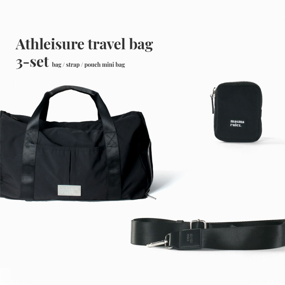 304 Athleisure Travel Bag – Black | 3-Piece Set (Bag, Strap, Mini Pouch) | Spacious & Lightweight Weekender Gym Duffel | Waterproof Pocket & 6 Storage Compartments | Carry-On Compatible