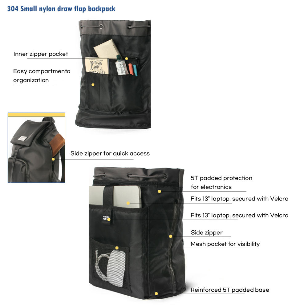 Masmarulez 304 Small Draw Flap Backpack – Compact Nylon Laptop Bag for Women, Water-Resistant, Lightweight, Side Zipper, Fits 13” MacBook – Stylish Daily Backpack for Work & Casual Use (Dark gray)