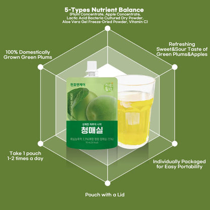 Chunho Ncare Korean Green Plum Juice, 100% Korean Cheongmaesil, with Apple & Aloe, Resealable Pouch, HACCP Certified (70mlx30pouches)