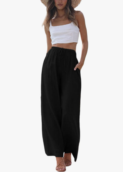 Women's Cotton Linen Summer Palazzo Pants Flowy Wide Leg Beach Trousers with Pockets (Black)