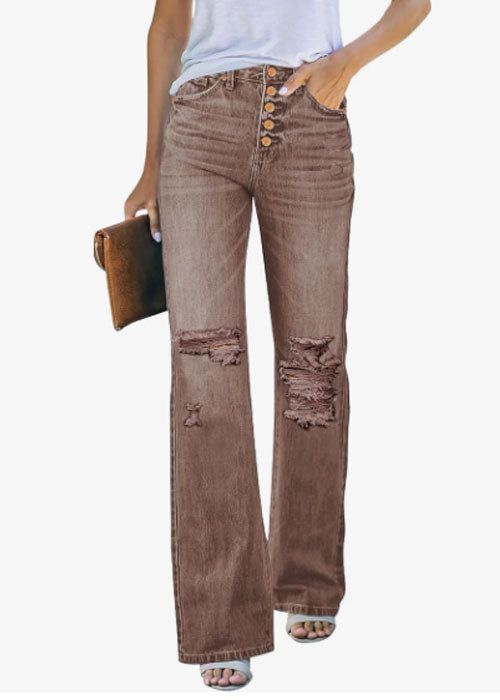 High Waisted Ripped Flare Jeans for Women Distressed Bell Bottom Jeans Wide Leg Pants (Brown)