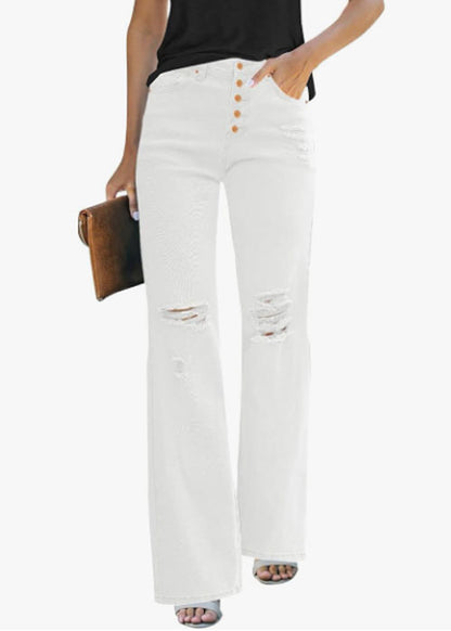 High Waisted Ripped Flare Jeans for Women Distressed Bell Bottom Jeans Wide Leg Pants (White)