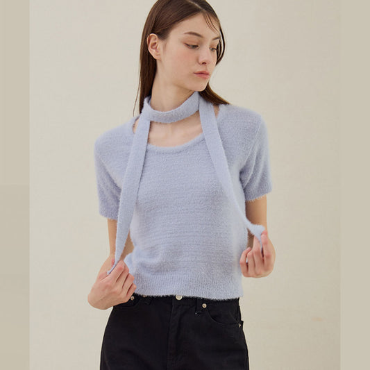 Hairy Half Sleave Knit [Blue]