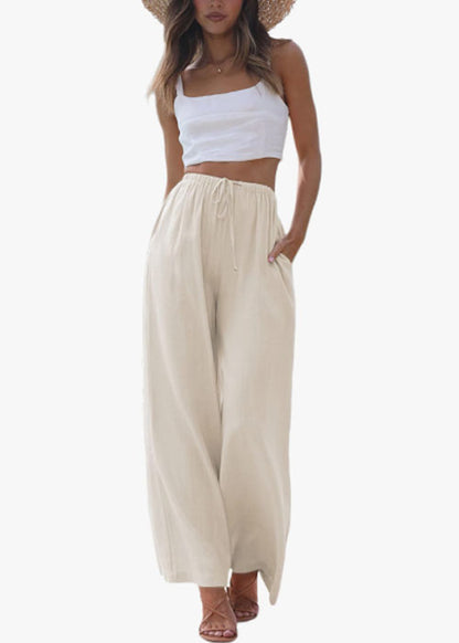 Women's Cotton Linen Summer Palazzo Pants Flowy Wide Leg Beach Trousers with Pockets (Apricot)