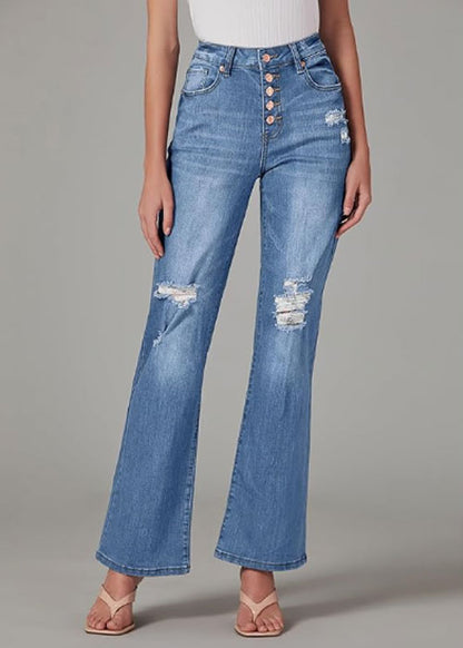 High Waisted Ripped Flare Jeans for Women Distressed Bell Bottom Jeans Wide Leg Pants (Lapis Loft)