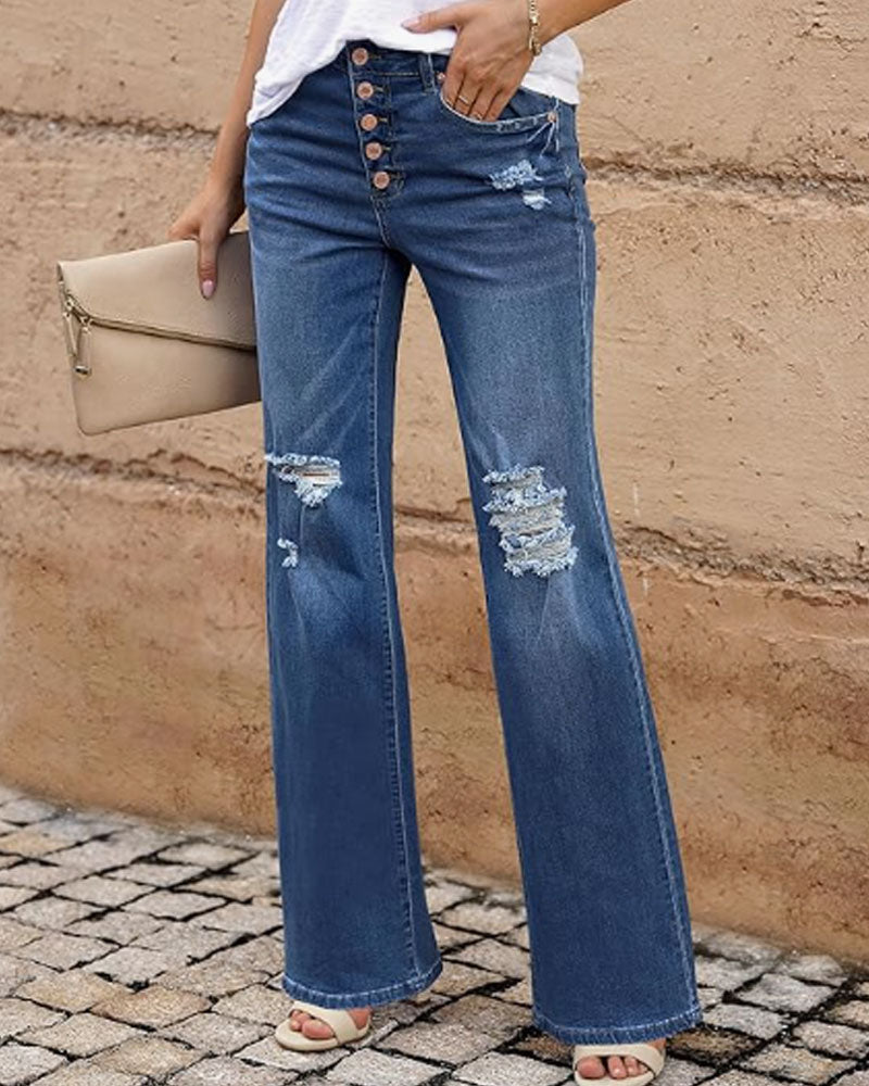 High Waisted Ripped Flare Jeans for Women Distressed Bell Bottom Jeans Wide Leg Pants (Dark Blue)