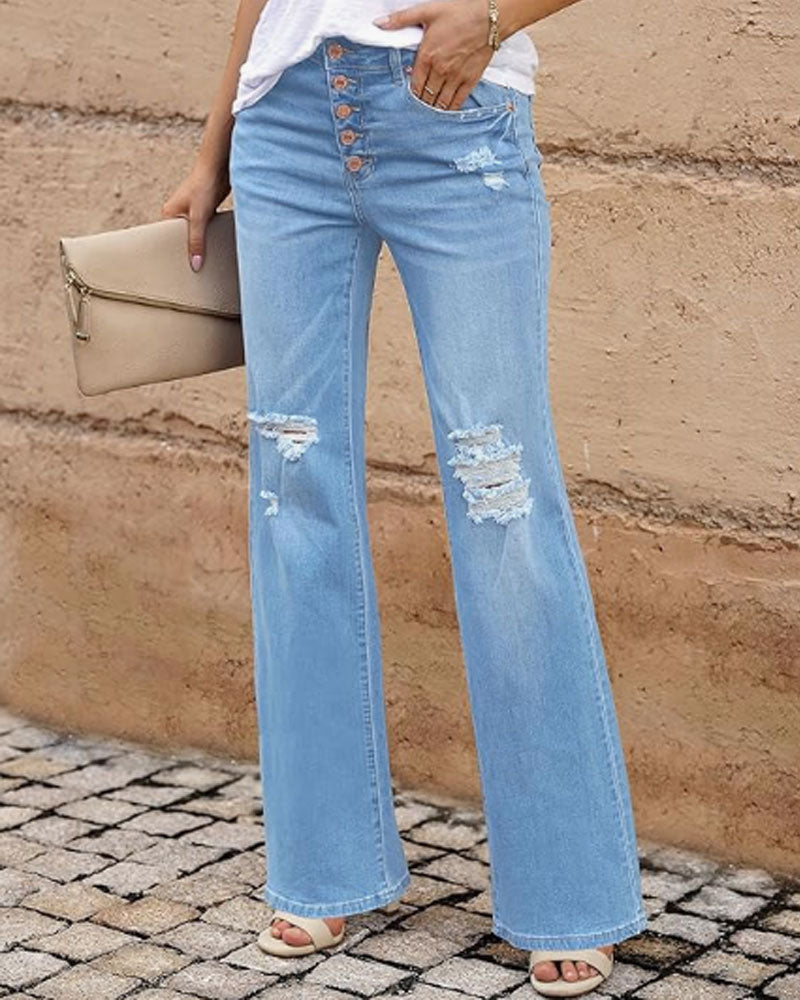 High Waisted Ripped Flare Jeans for Women Distressed Bell Bottom Jeans Wide Leg Pants (Cool Blue)