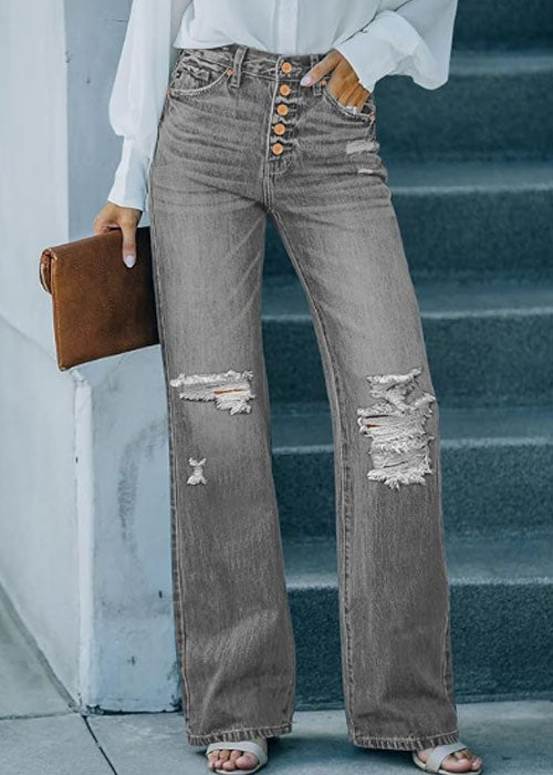 High Waisted Ripped Flare Jeans for Women Distressed Bell Bottom Jeans Wide Leg Pants (Dark Blue)