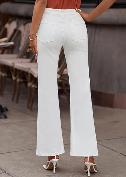 High Waisted Ripped Flare Jeans for Women Distressed Bell Bottom Jeans Wide Leg Pants (White)