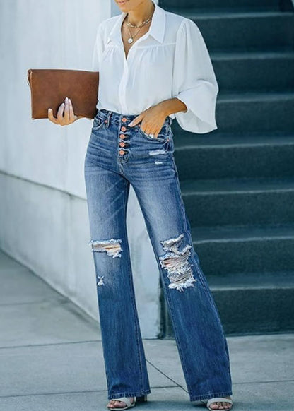 High Waisted Ripped Flare Jeans for Women Distressed Bell Bottom Jeans Wide Leg Pants (Lapis Longing)