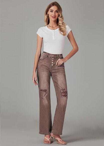 High Waisted Ripped Flare Jeans for Women Distressed Bell Bottom Jeans Wide Leg Pants (Brown)