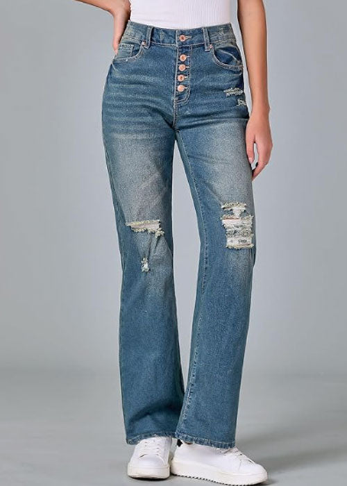 High Waisted Ripped Flare Jeans for Women Distressed Bell Bottom Jeans Wide Leg Pants (Stout Blue)