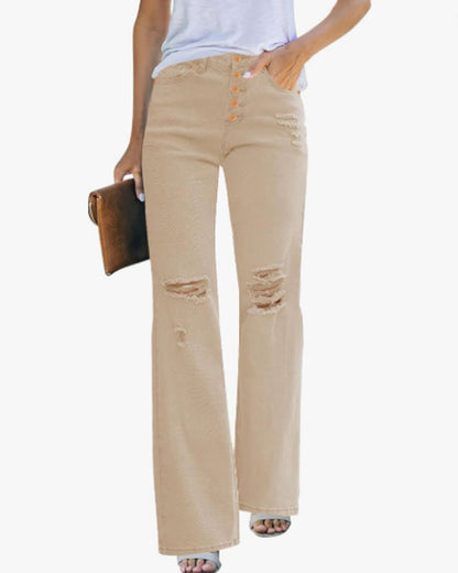 High Waisted Ripped Flare Jeans for Women Distressed Bell Bottom Jeans Wide Leg Pants (Desert Sand)