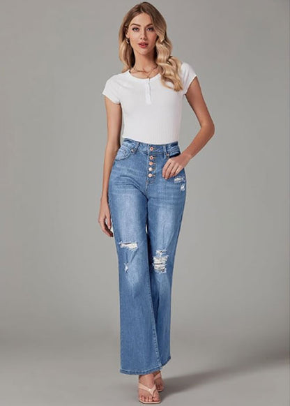 High Waisted Ripped Flare Jeans for Women Distressed Bell Bottom Jeans Wide Leg Pants (Lapis Loft)