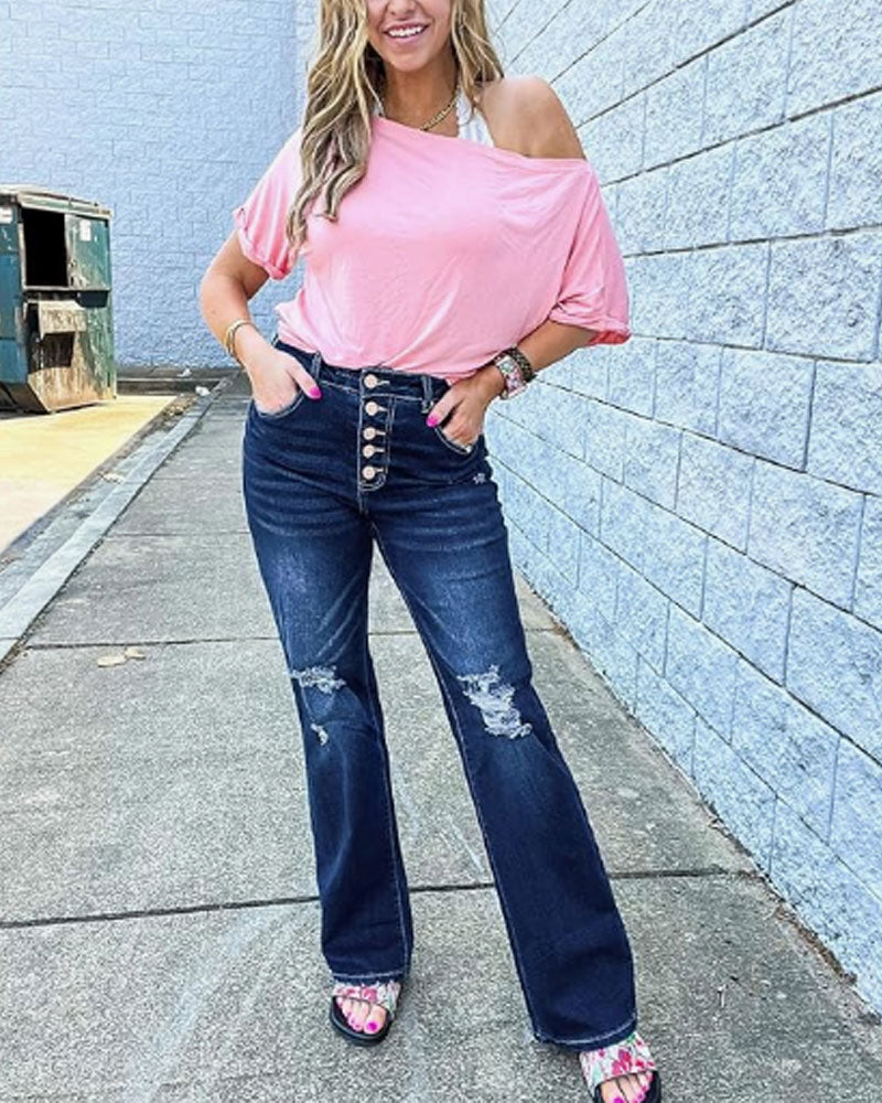 High Waisted Ripped Flare Jeans for Women Distressed Bell Bottom Jeans Wide Leg Pants (Dark Blue)