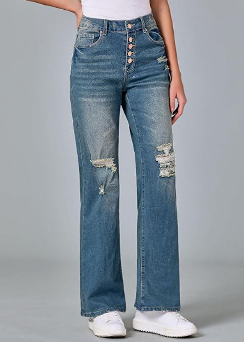 High Waisted Ripped Flare Jeans for Women Distressed Bell Bottom Jeans Wide Leg Pants (Stout Blue)