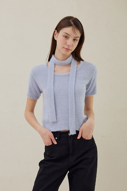 Hairy Half Sleave Knit [Blue]