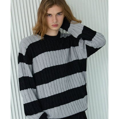 Stripe Cable Round Knit [Black]