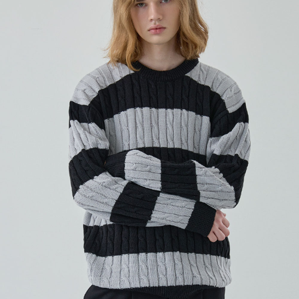 Stripe Cable Round Knit [Black]