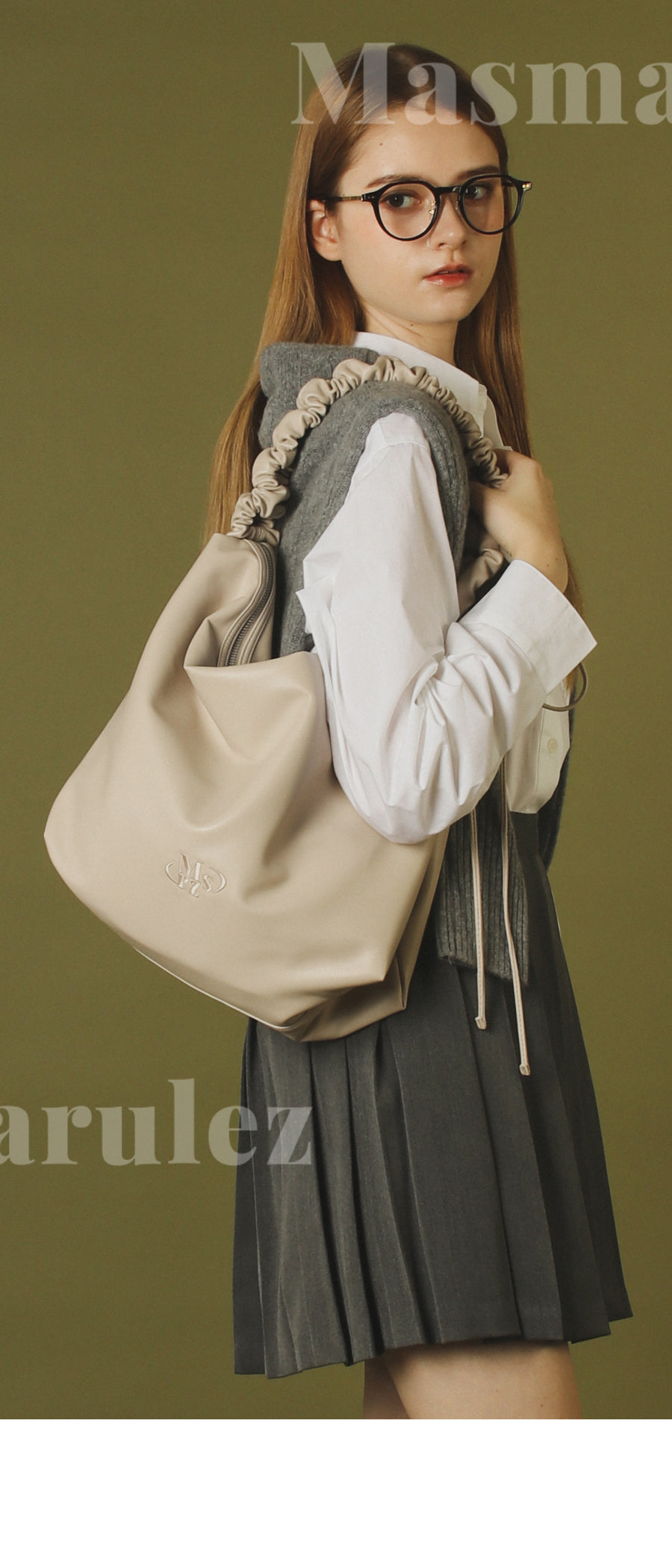 [Masmarulez] Leather 2way shirring cross _ Shirring beige