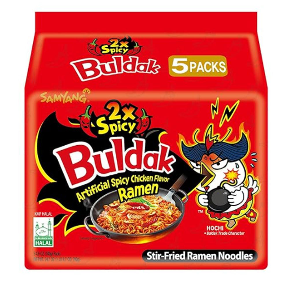 Buldak Hot Chicken Ramen, Instant Noodle, 2X Spicy, 4.94 OZ(140g), Pack of 5