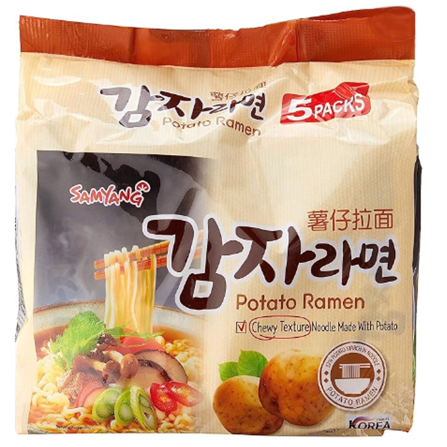 Samyang Ramen Korean Noodles, Variety Selection (삼양 라면) (Potato Ramen, 5 Pack), 4.23 Ounce