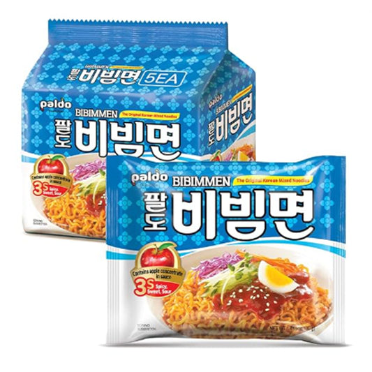 Paldo Fun & Yum Bibim Men Instant Cold Noodles, Pack of 5, Brothless Cold Ramen with Sweet & Spicy Seasoning Sauce, Oriental Style Korean Ramyun, Soupless K-Food, 130g x 5