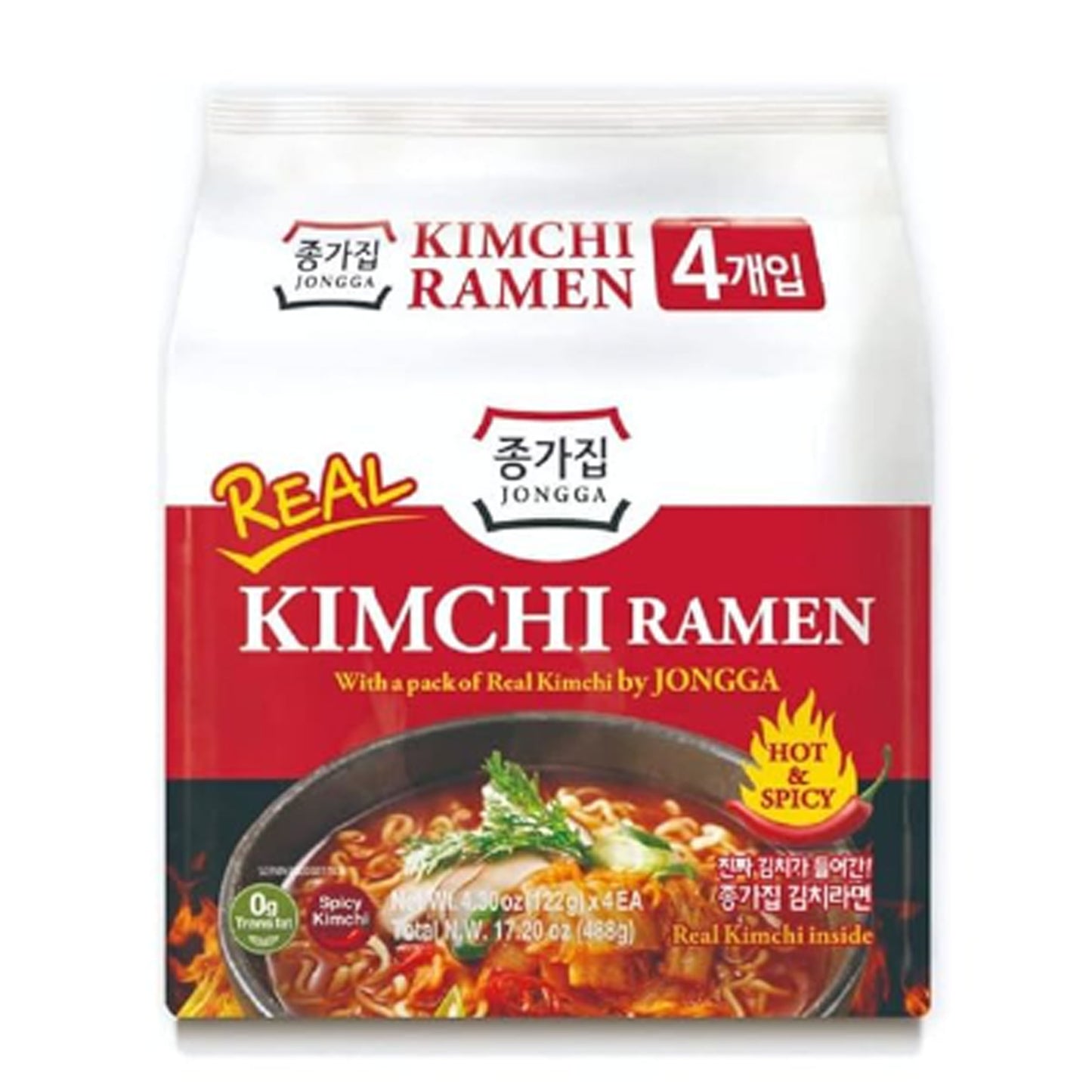 JONGGA Kimchi Ramen with Real Kimchi Pack of 4, Korean Instant Hot and Spicy Kimchi Noodle Soup, Authentic Savory Korean Kimchi Ramen Packs, Quick and Convenient, Ready in 5 minutes