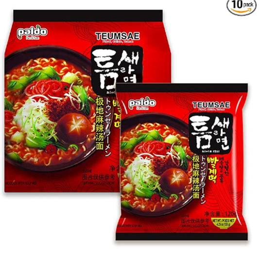 Paldo Fun & Yum Extra Hot Spicy Instant Noodles with Soup, Pack of 10, Teumsae Ramen with Spicy Broth, Best Oriental Style Korean Ramyun, Spicy Ramen Challenge, K-Food, 틈새라면 빨계떡 120g x 10