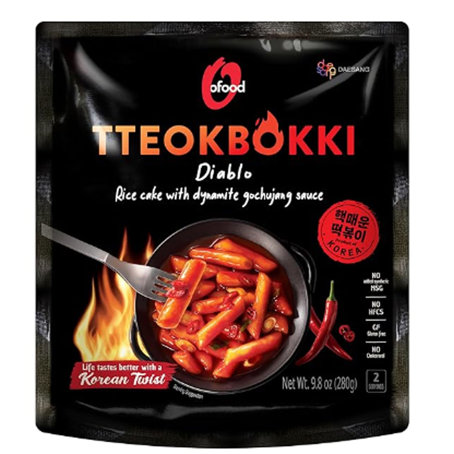 Chung Jung One O'Food Diablo Tteokbokki, Authentic Gluten-free Korean Rice Cakes, Spicy Korean Street Food Snack, Perfect with Cheese and Ramen Noodles, Ready to Eat, No MSG, No Corn Syrup, Pack of 1