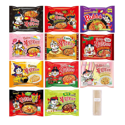 Samyang Spicy Hot Chicken Ramen 11 Flavor Variety Pack - FREE Chopsticks - Korean Buldak Ramen Noodles (11 Pack)