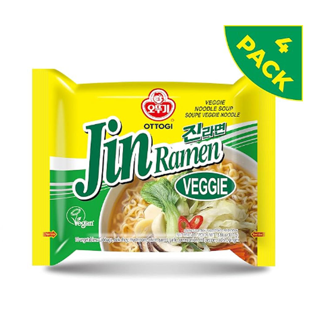 OTTOGI Jin Ramen Veggie, Vegetable Ramen Soup, Korean Style Instant Vegan Noodle, Vegeterian Ramen 3.88oz x 4 Pack