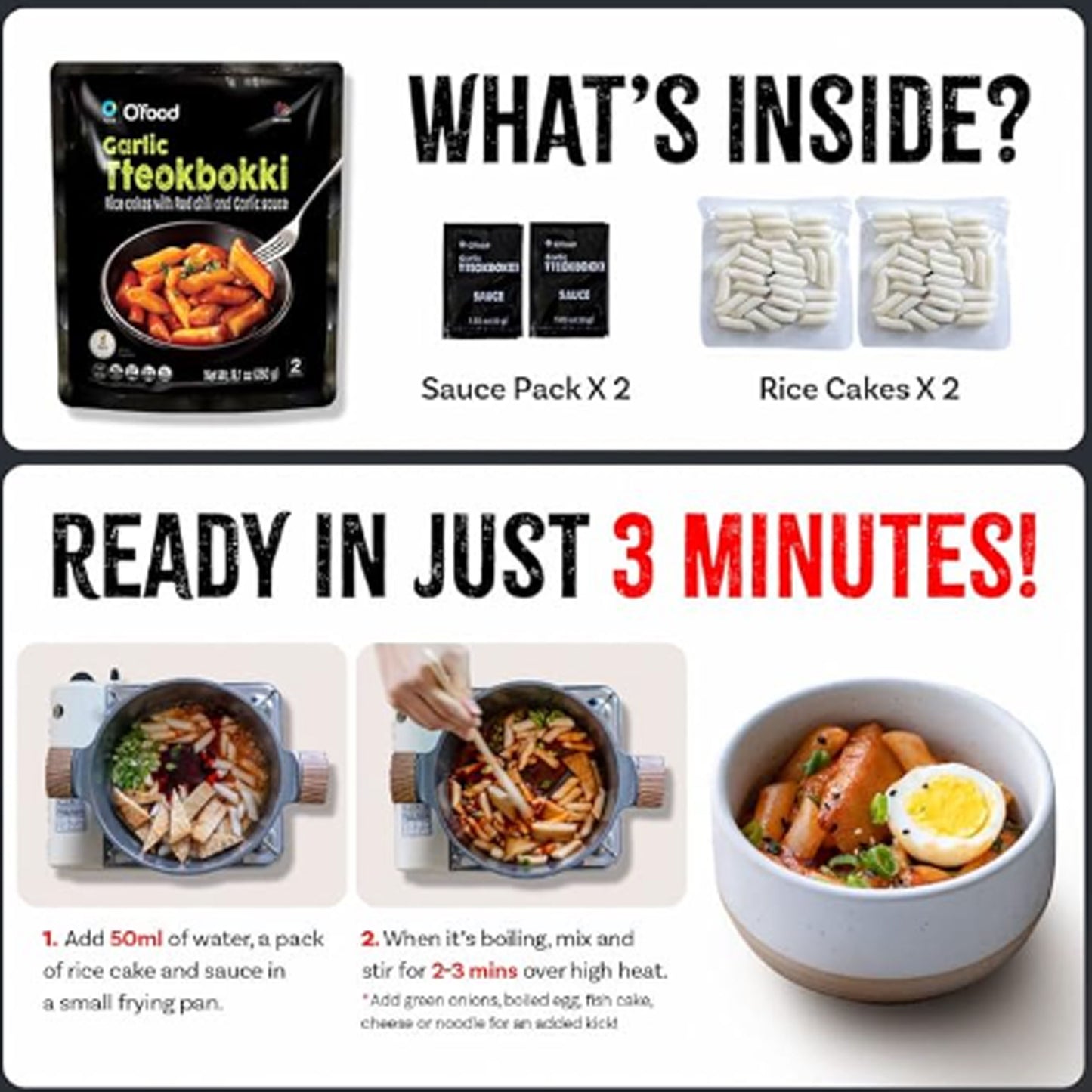 C O'Food Garlic Tteokbokki, Gluten-Free Korean Rice Cakes, Authentic Spicy Korean Street Food Snack, Perfect with Cheese and Ramen Noodles, Ready to Eat, No MSG, No Corn Syrup, Pack of 1