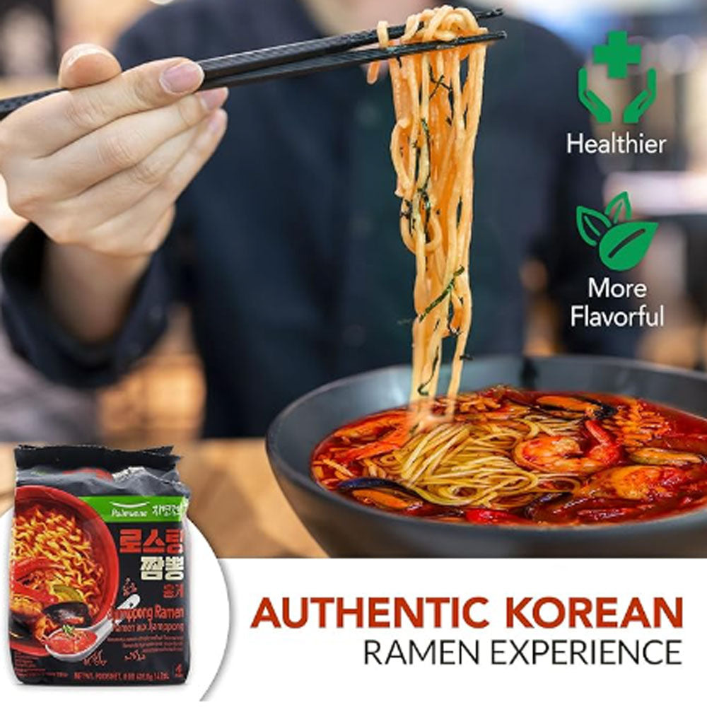 Pulmuone Non-Fried Ramyun Korean Noodles - 4 Pack Korean Instant Noodles Jjamppong Flavor - Easy to Cook Authentic Korean Ramen with Distinctly Asian Broth and Chewy Noodle